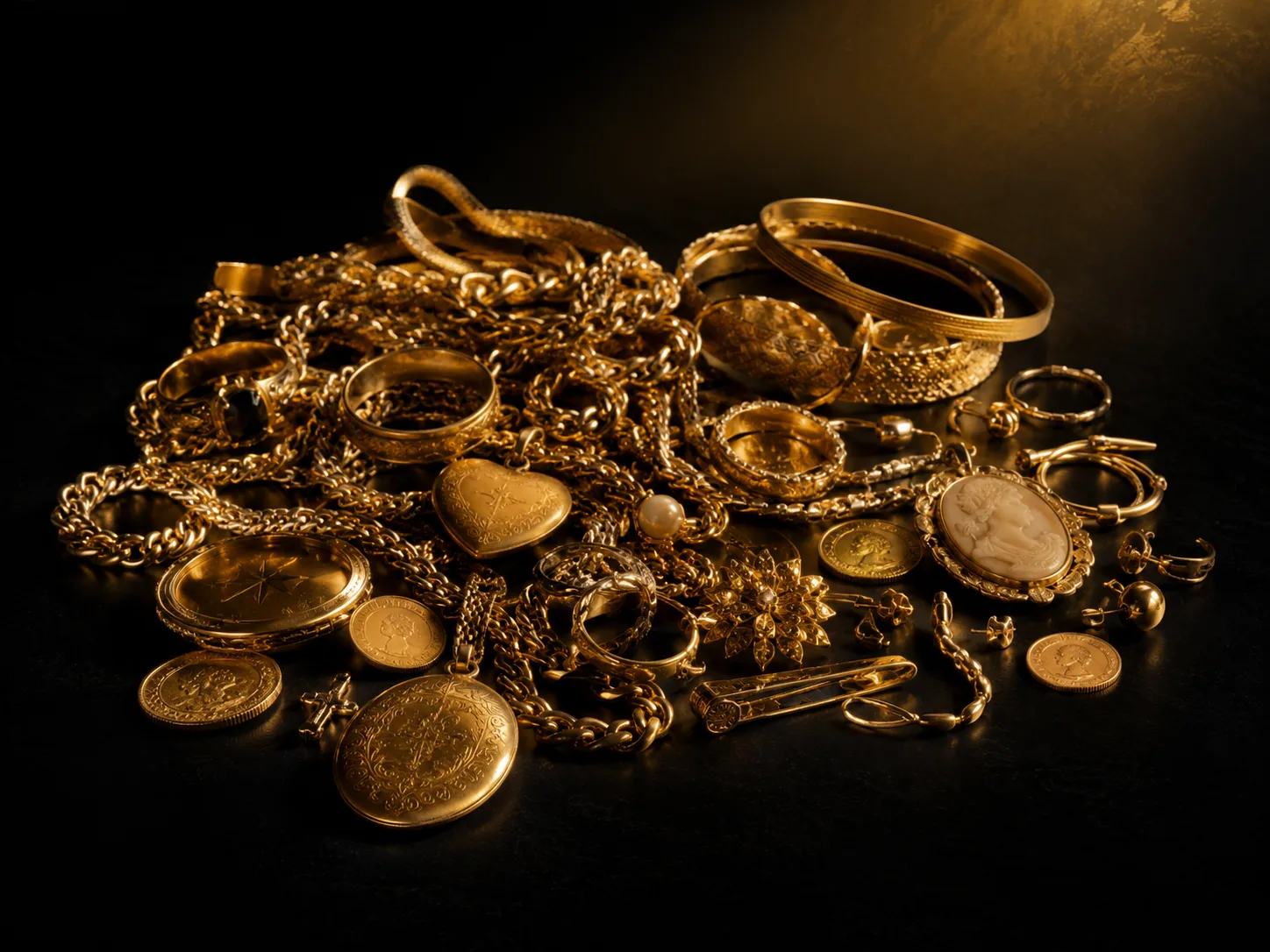 Altgold-Konvolut — Ketten, Münzen, Anhänger und Ringe, wie wir sie täglich ankaufen