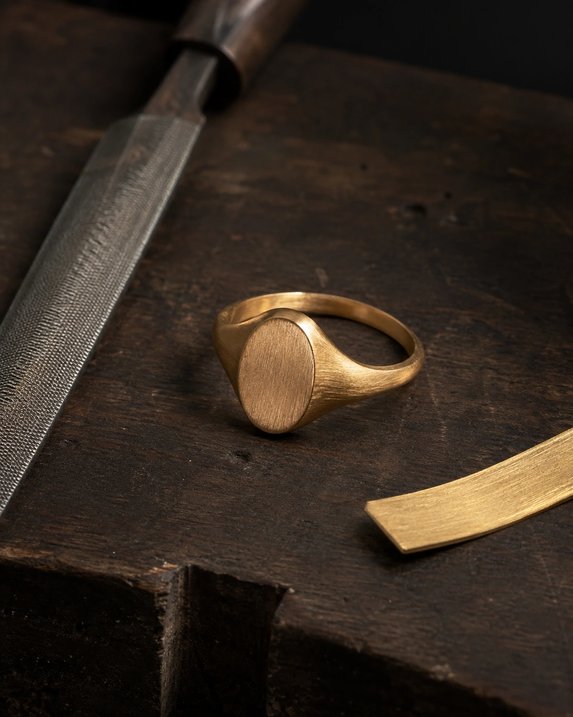 Bildstudie: satinierter Goldring und Goldschmiedewerkzeug
