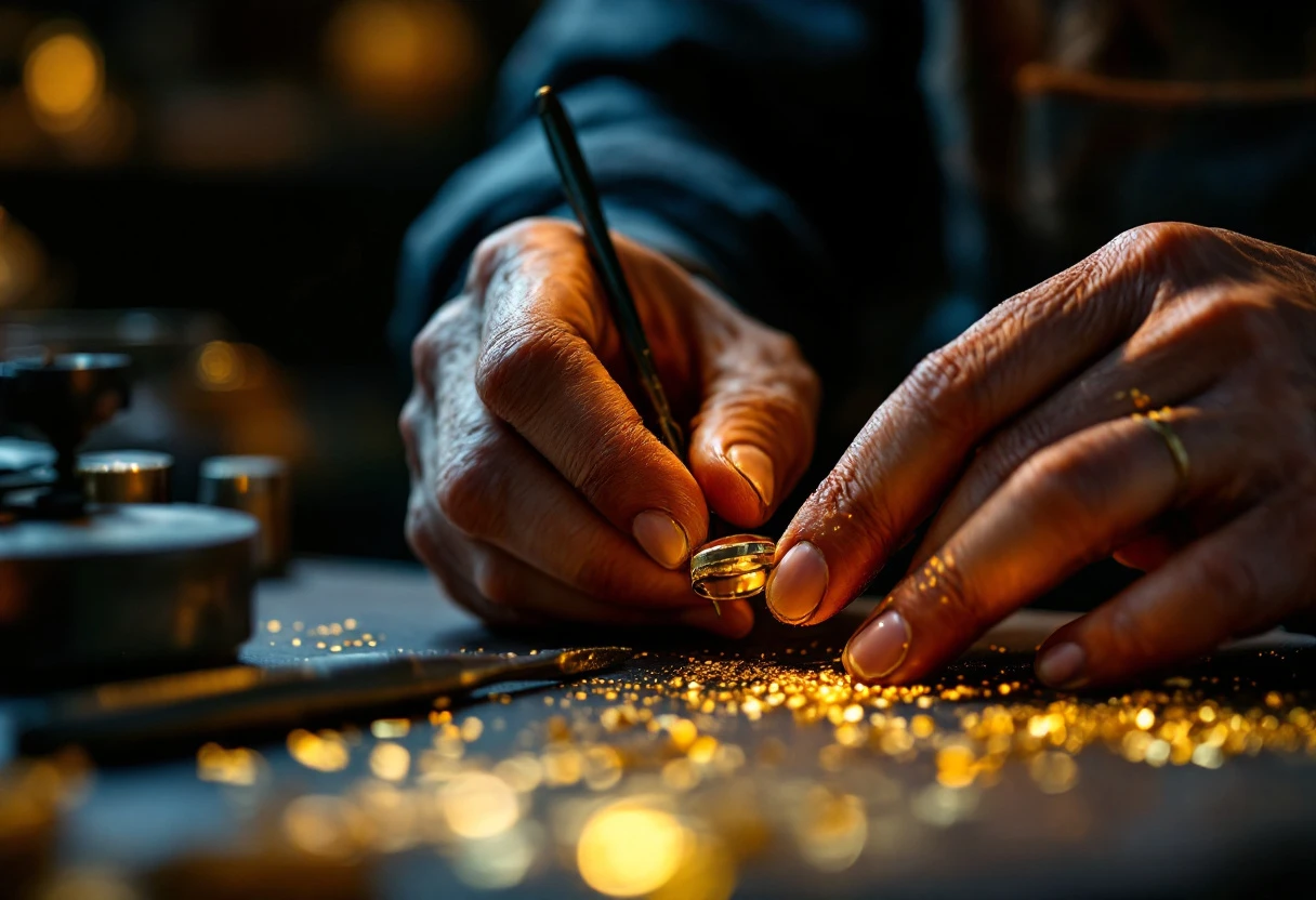 Goldschmied bei der Handarbeit am Werktisch – Juwelier Benjamin Wiesbaden